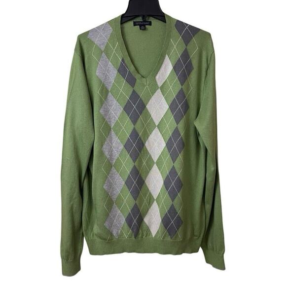 Banana Republic V Neck Sweater Mens Large Green Argyle Silk Cotton Cashmere - Picture 1 of 11
